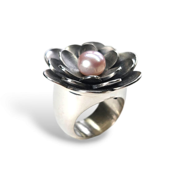 Zinnia Ring with Pink Pearl by Nancy Rousseau