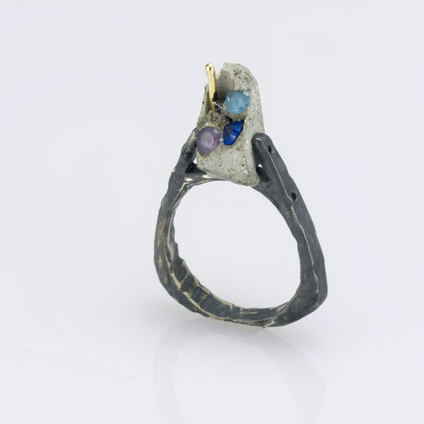 Concrete and Zircon Sterling Ring with 10k Gold by Catrie