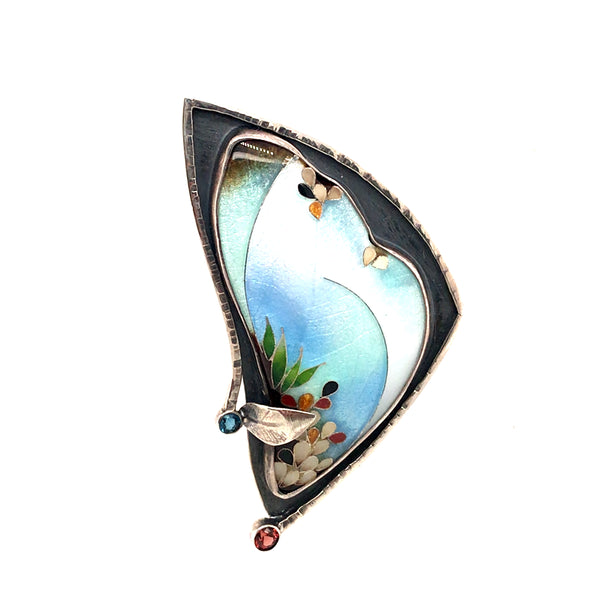 Cloisonné Wing Brooch with Blue Topaz and Garnet by Gayane Avetisyan