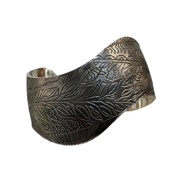 Etched Sterling Bracelet with Leaves and Fish by Andrew Goss