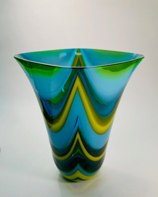 Bright Blue and Yellow Sweeping Pattern Vase by James Lavoie