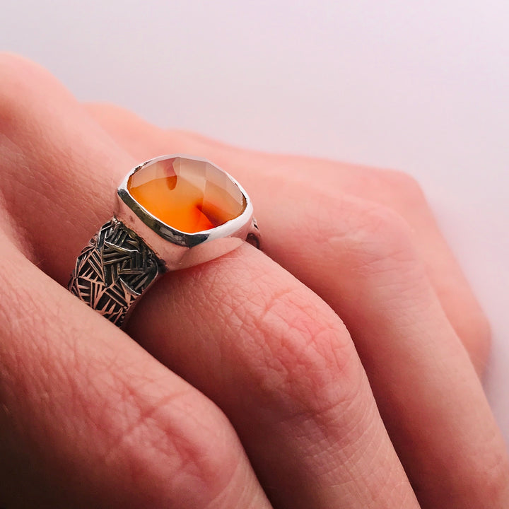 Faceted Carnelian in a Handstamped Silver Band by Matthieu Cheminée