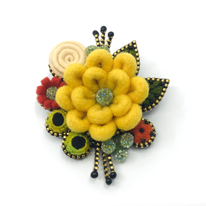 Yellow Flower Mixed Media Brooch by Odile Gova