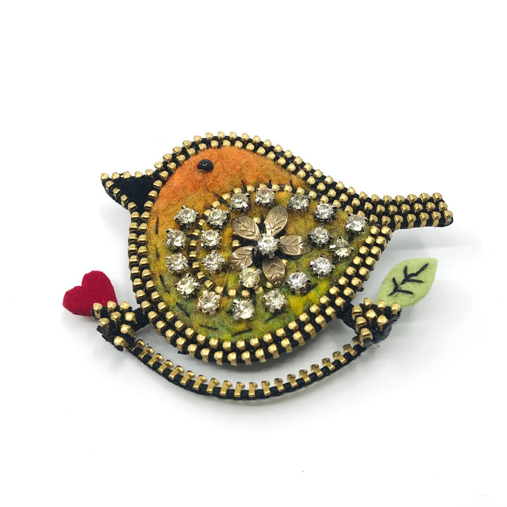 Orange & Green Bird Mixed Media Brooch by Odile Gova