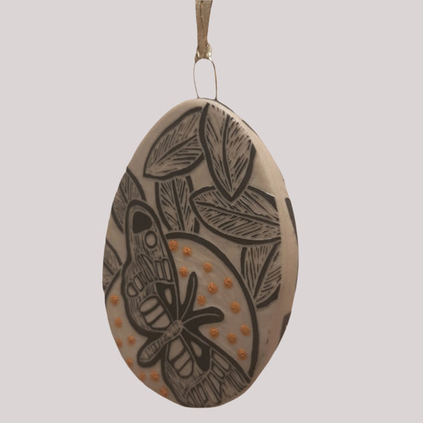 Oval Butterfly Sgraffito Ornament by Janet MacPherson