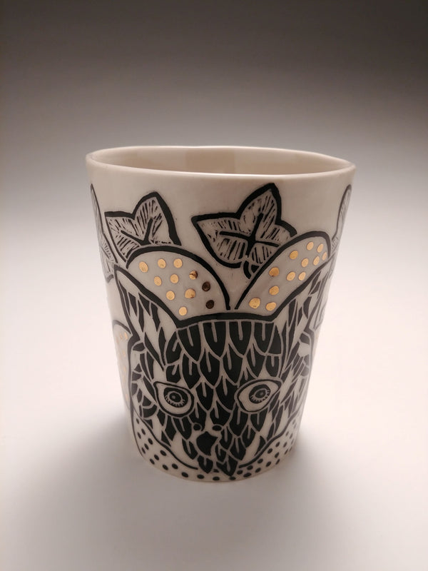 Owl Face Sgraffito Cup with Gold by Janet MacPherson