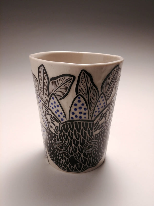 Owl Face with Blue Dots Cup by Janet MacPherson