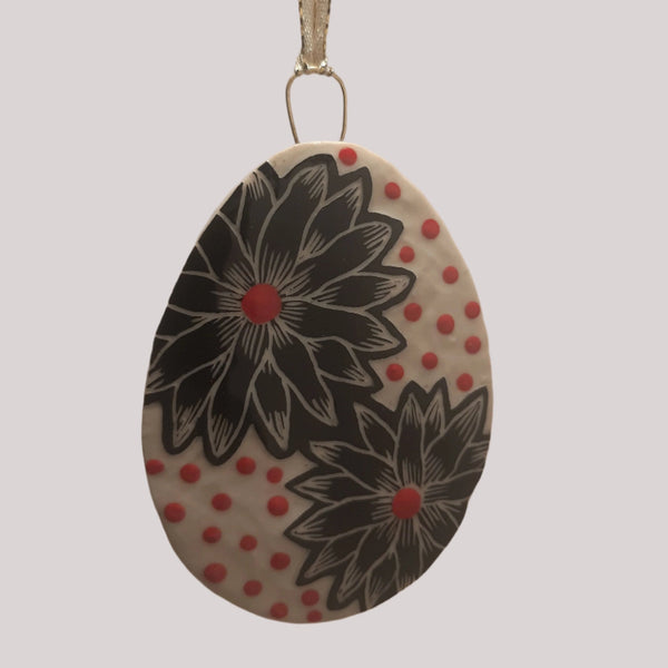 Red Dot Double Flower Sgraffito Ornament by Janet MacPherson