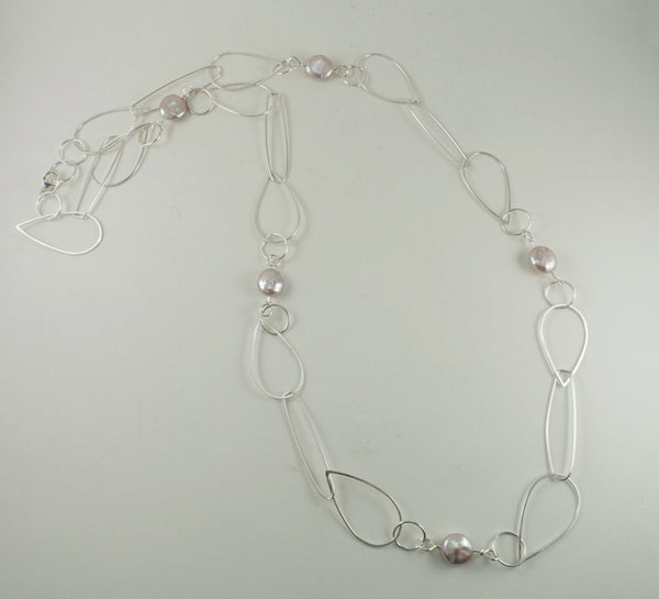 Long Sterling Necklace with Pink Pearls by Vivienne Jones