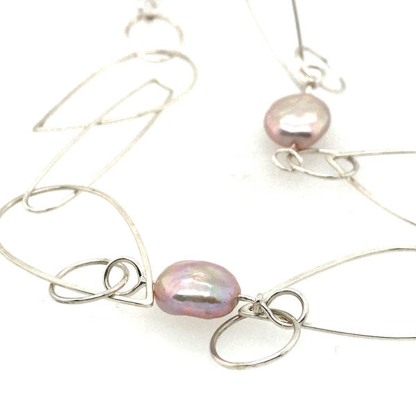 Long Sterling Necklace with Pink Pearls by Vivienne Jones